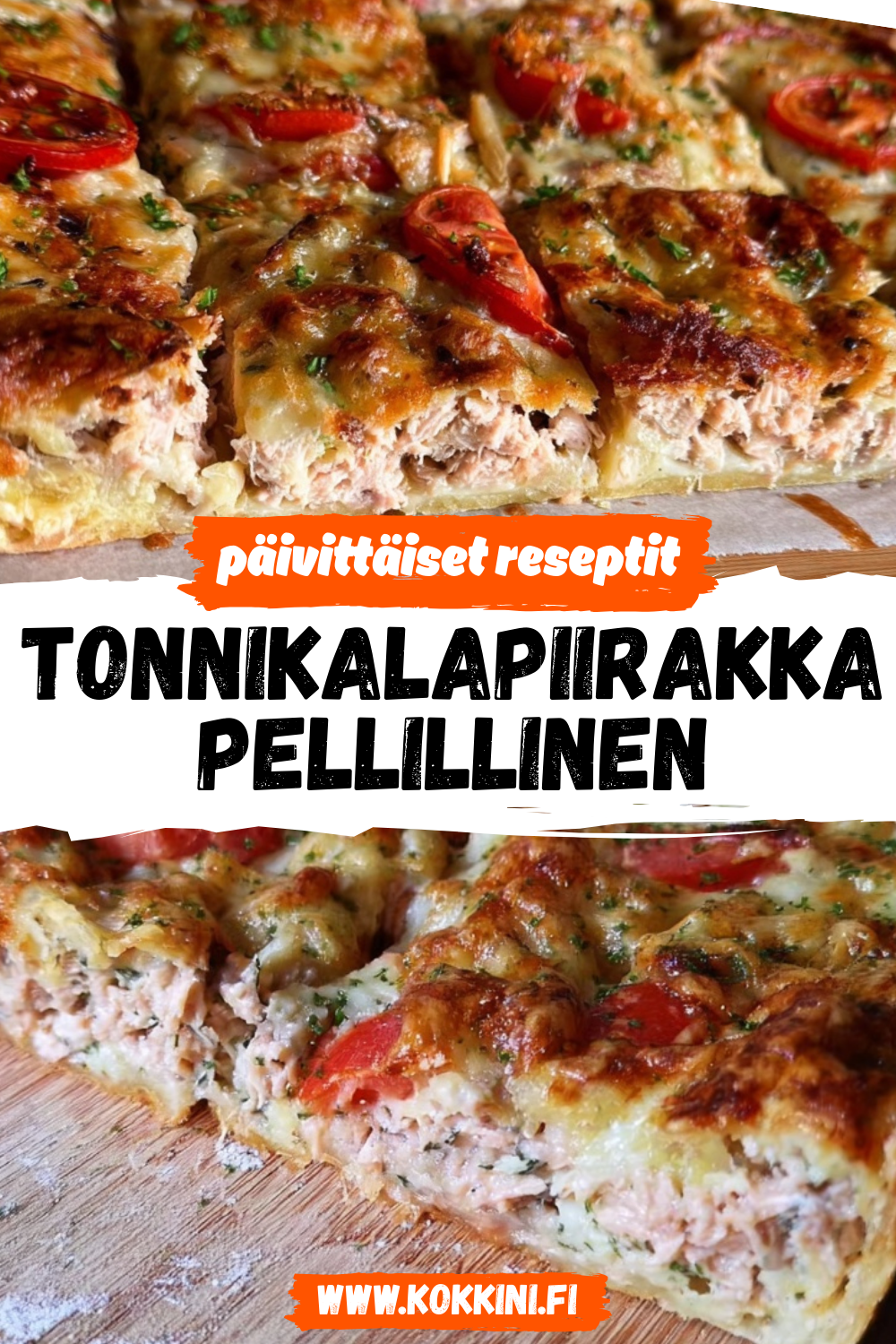 Tonnikalapiirakka pellillinen juustolla ja tomaateilla