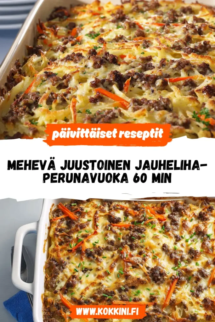 Mehevä juustoinen jauheliha-perunavuoka – valmis 60 min