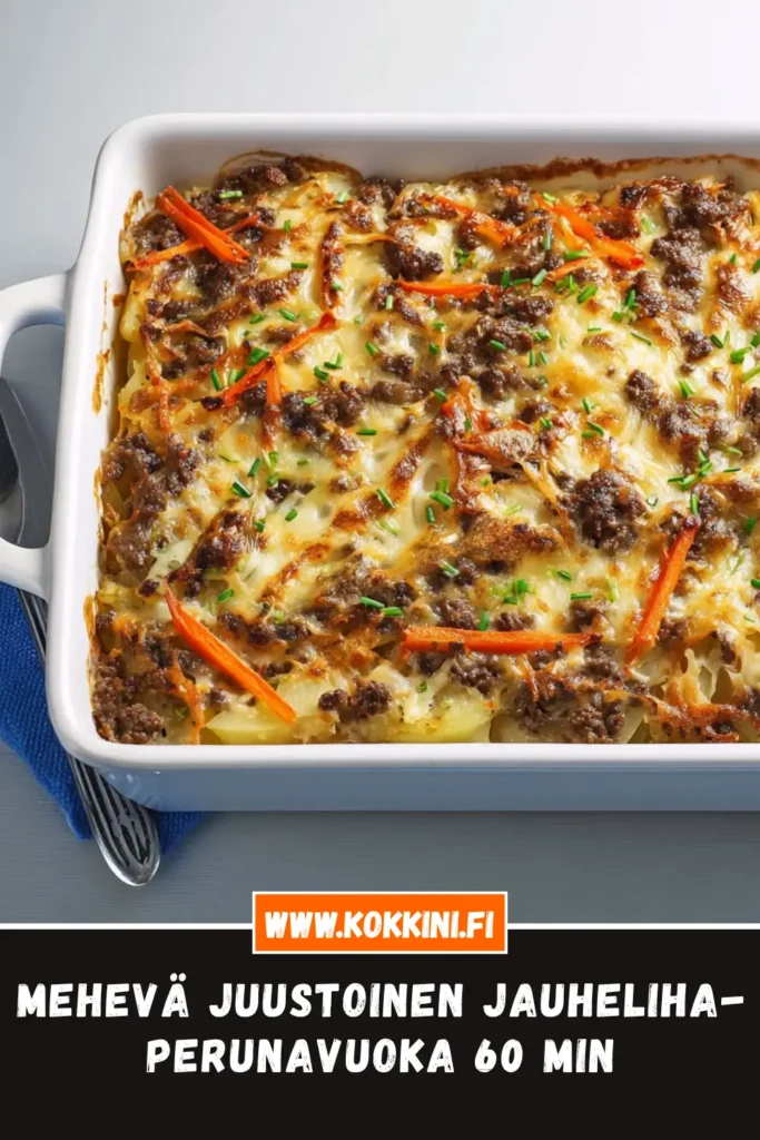 Mehevä juustoinen jauheliha-perunavuoka – valmis 60 min