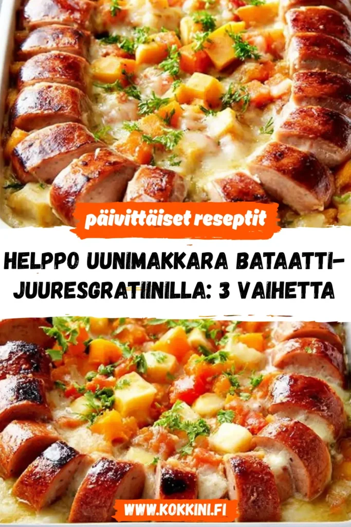 Mehevä uunimakkara bataatti-juuresgratiinilla – helppo ohje