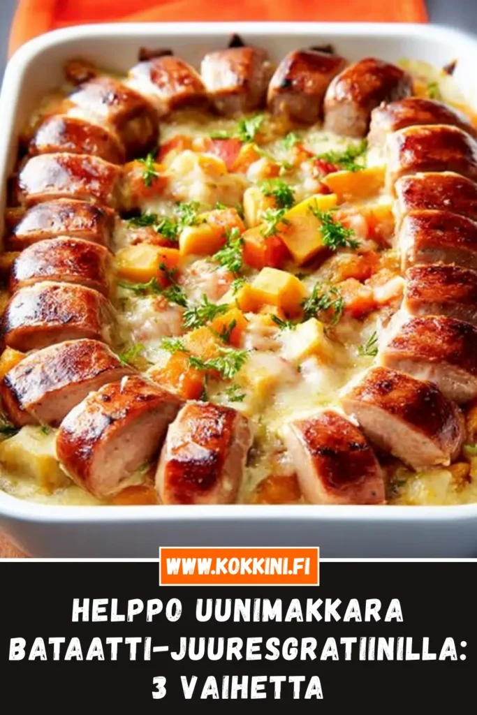 Mehevä uunimakkara bataatti-juuresgratiinilla – helppo ohje