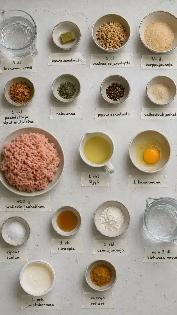 Mehevät broileripyörykät ja kermainen currykastike 30 min