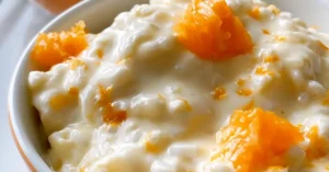 Appelsiiniriisi lasikulhossa appelsiinilohkoilla koristeltuna