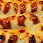 Hodarivuoka uunivuoassa nakkien, hot dog -sämpylöiden ja sulaneen juuston kanssa