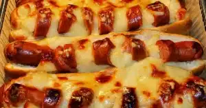 Hodarivuoka uunivuoassa nakkien, hot dog -sämpylöiden ja sulaneen juuston kanssa