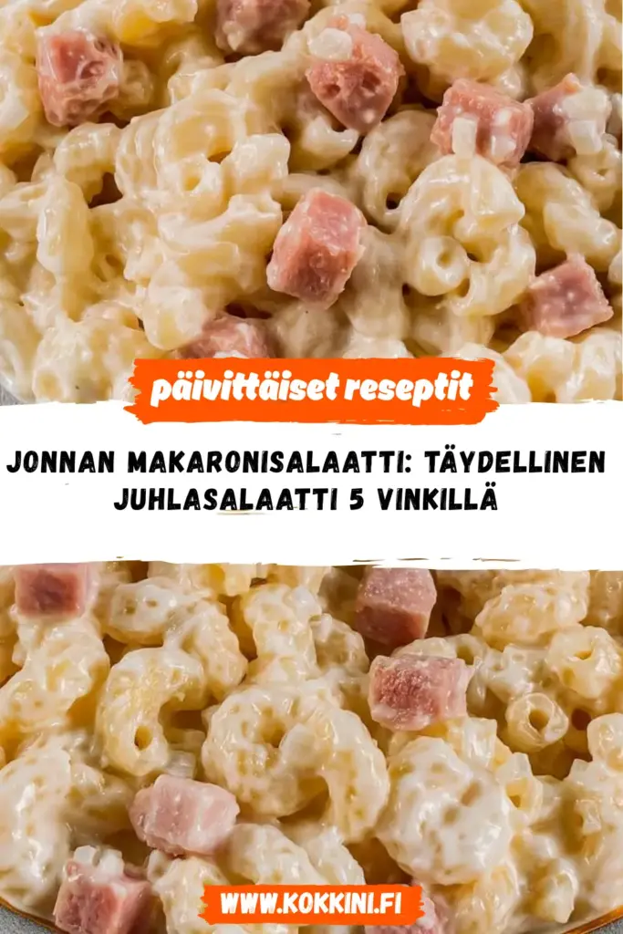 Jonnan makaronisalaatti valmiina tarjoiltavaksi, pinnalla kaunis väri ja annoksen tärkeimmät maut esillä.