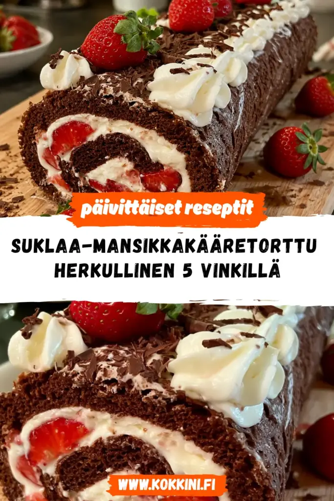 suklaa-mansikkakääretorttu reseptikuva valmiista annoksesta