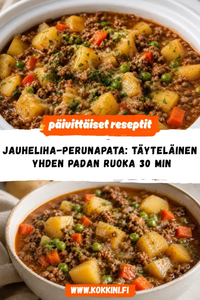 jauheliha-perunapata valmiina kuvattuna, annoksen tärkeimmät värit ja rakenne selkeästi esillä.