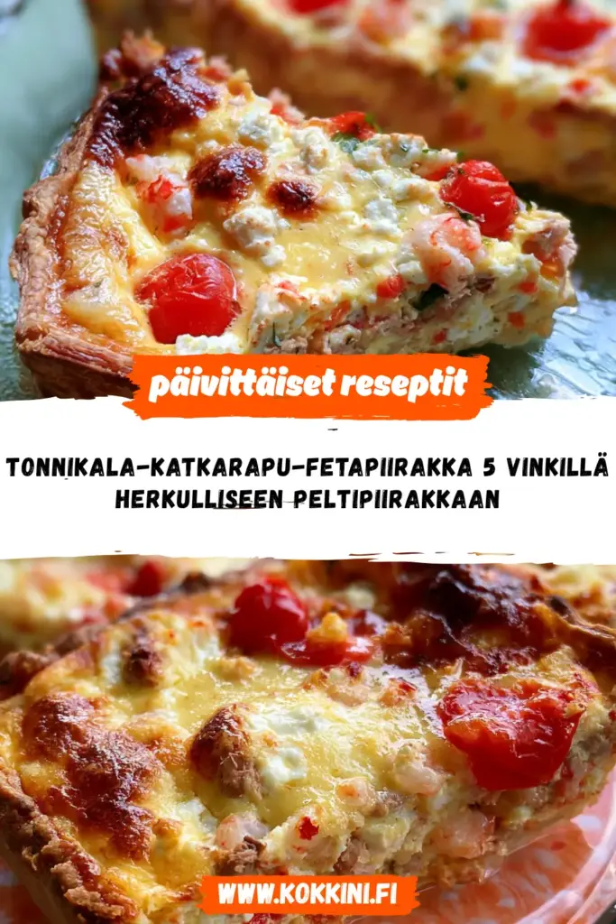 Tonnikala-katkarapu-fetapiirakka reseptikuva valmiista annoksesta