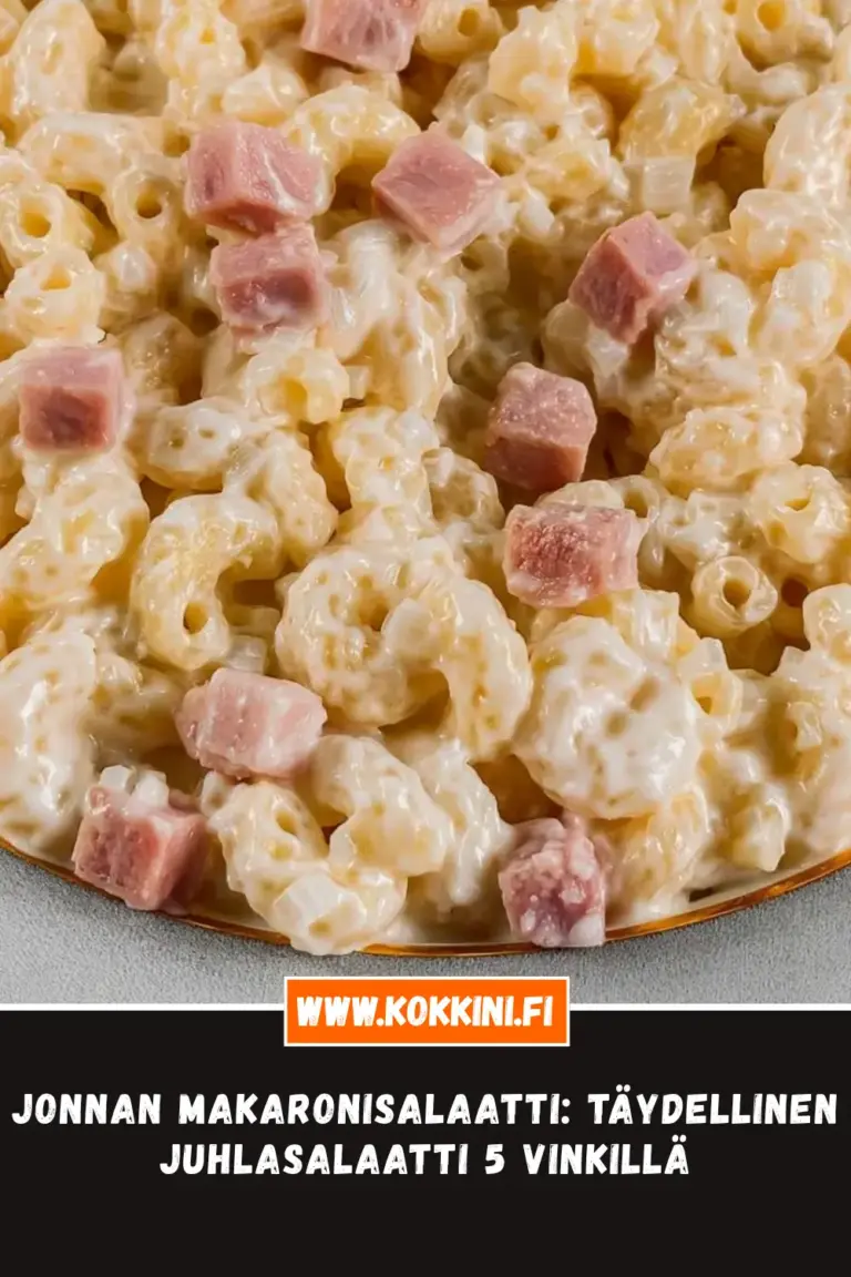 Jonnan makaronisalaatti lautasella lähikuvassa, selkeä rakenne ja pääraaka-aineet näkyvät houkuttelevasti.