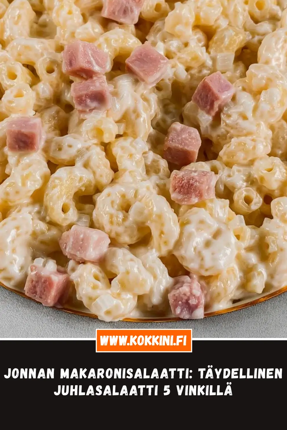 Jonnan makaronisalaatti lautasella lähikuvassa, selkeä rakenne ja pääraaka-aineet näkyvät houkuttelevasti.