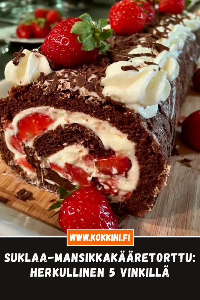 suklaa-mansikkakääretorttu lähikuva annoksesta