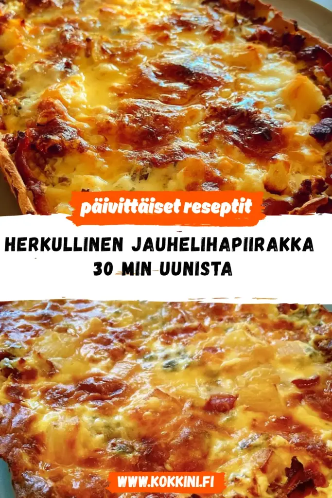 Herkullinen jauhelihapiirakka valmiina kuvattuna, annoksen tärkeimmät värit ja rakenne selkeästi esillä.