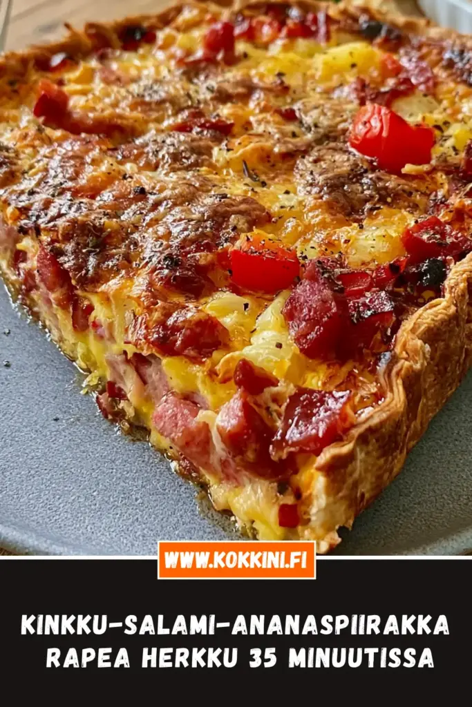 kinkku-salami-ananaspiirakka lähikuva annoksesta