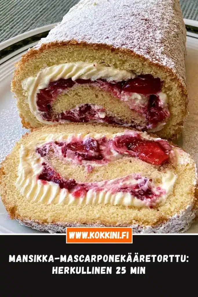 mansikka-mascarponekääretorttu lähikuva annoksesta