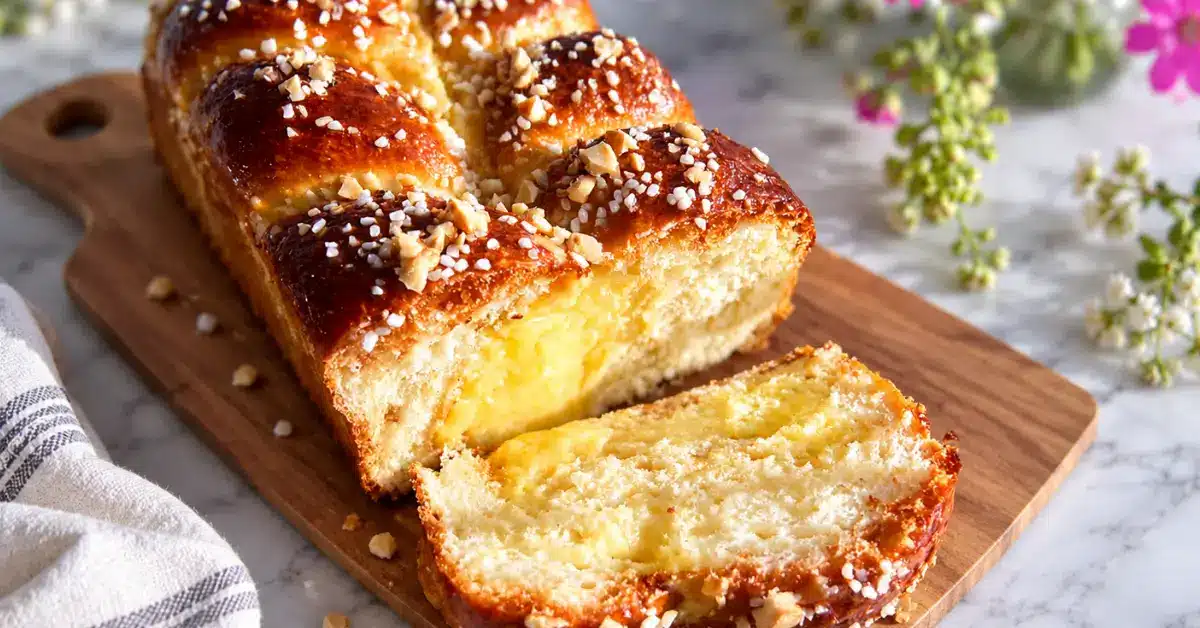 Pannupulla kreemitäytteellä ja hasselpähkinärouheella