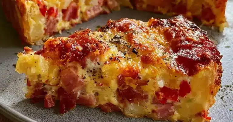 Rapeakuorinen kinkku-salami-ananaspiirakka leikattuna tarjoiluvadilla