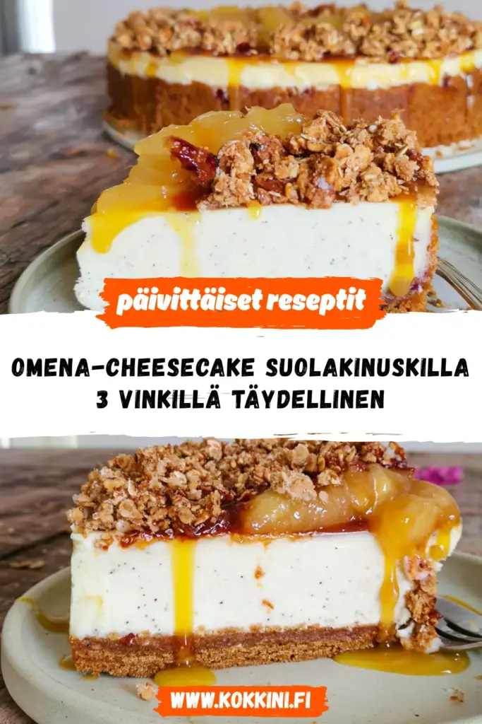 omena-cheesecake suolakinuskilla reseptikuva valmiista annoksesta
