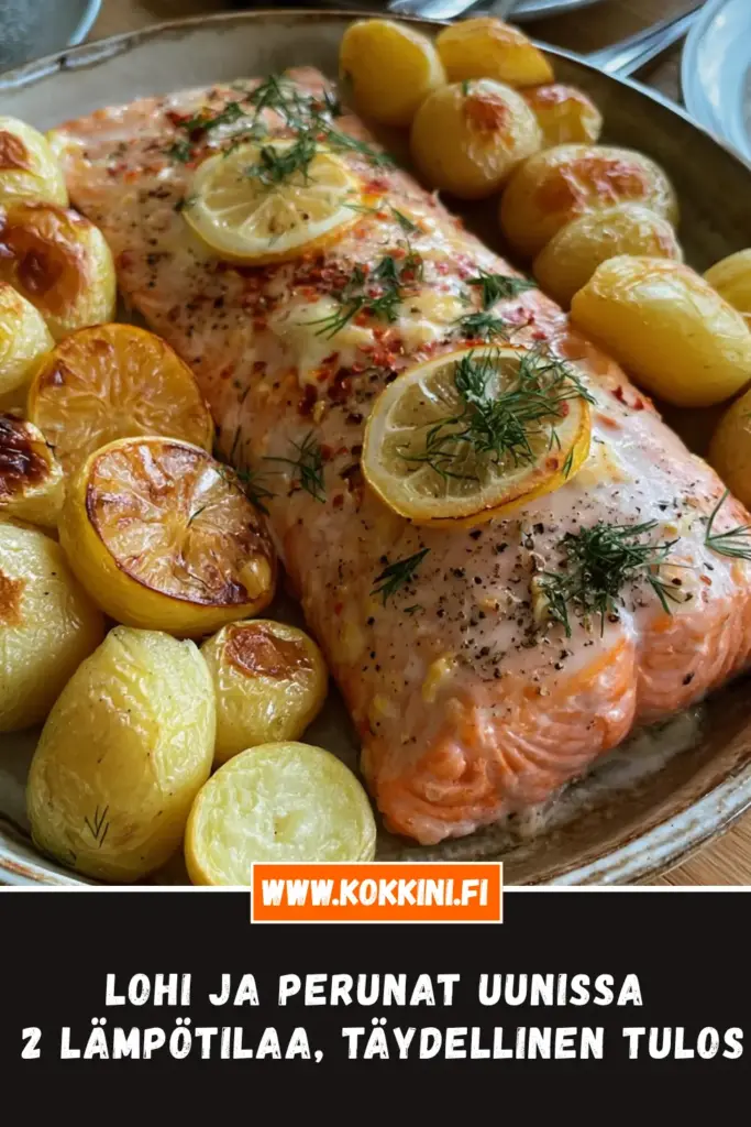Lohi ja perunat uunissa lähikuva annoksesta