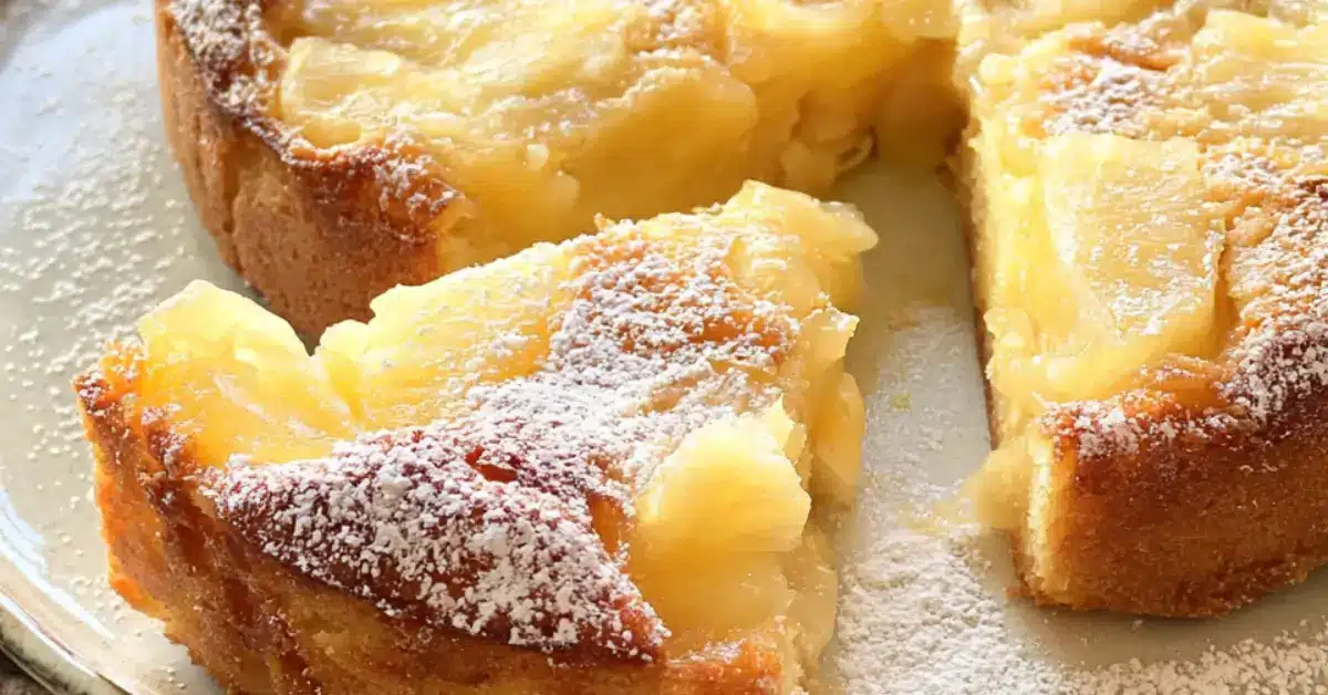 Mehevä ananaskakku ananaspalojen ja voilastujen kanssa tarjoiluvadilla